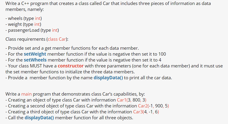 Solved Write a C++ program that creates a class called Car | Chegg.com