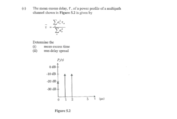 c) The mean excess delay, \( \bar{\tau} \), of a power profile of a multipath channel shown in Figure \( 5.2 \) is given by
\