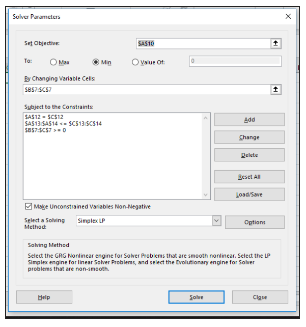 Solver Parameters
Set Objective:
To:
Max
By Changing Variable Cells:
SBS7:SCS7
Subject to the Constraints:
SAS12 = SCS12
SAS1