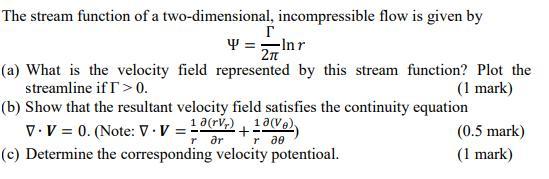Solved The stream function of a two-dimensional, | Chegg.com
