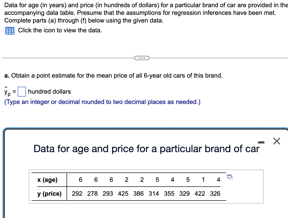 Solved Data for age (in years) and price (in hundreds of | Chegg.com