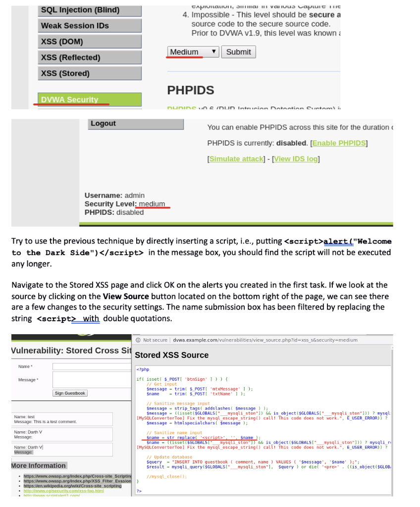 Task 2: DVWA Stored XSS on Medium Security Reset the | Chegg.com