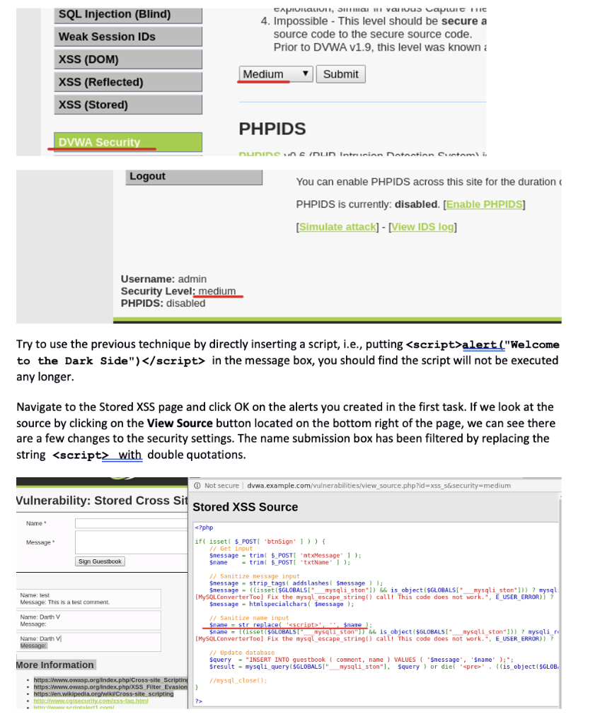 Solved Task 2: DVWA Stored XSS on Medium Security Reset the