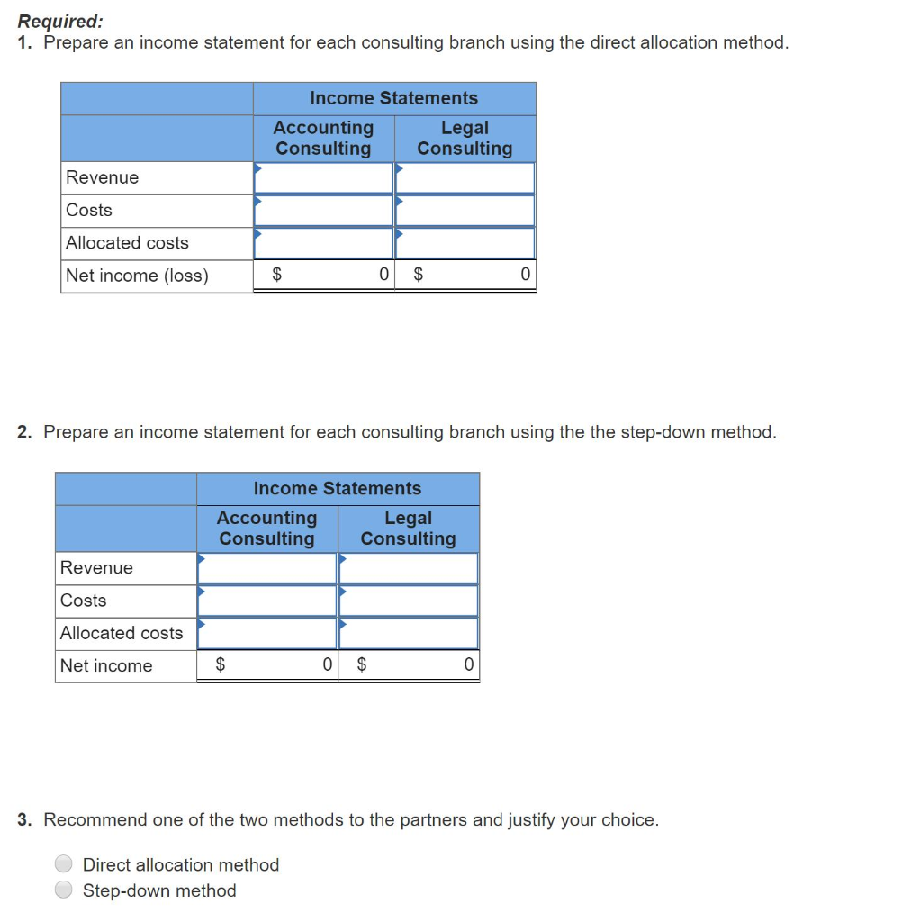 Required: 1. prepare an income statement for each consulting branch using the direct allocation method. income statements acc