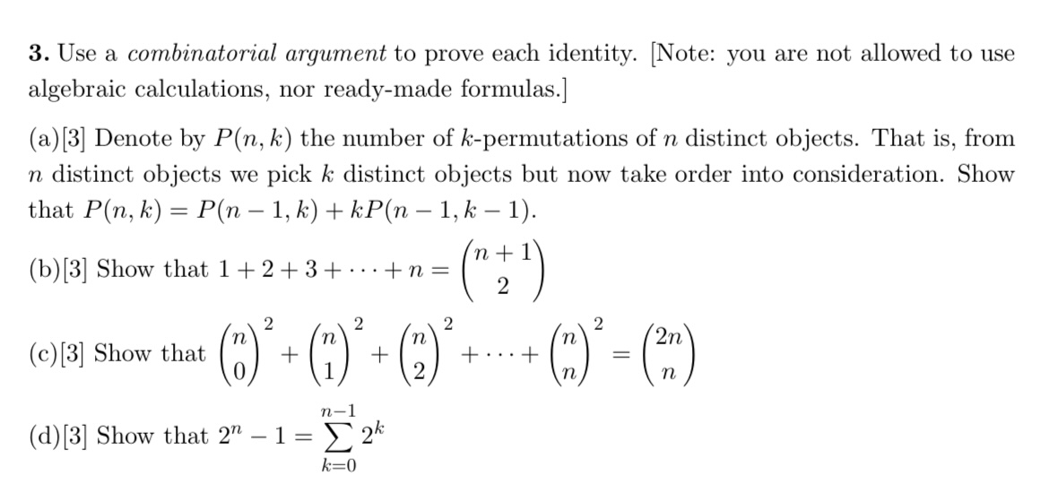 Solved Use A Combinatorial Argument To Prove Each Identity. | Chegg.com