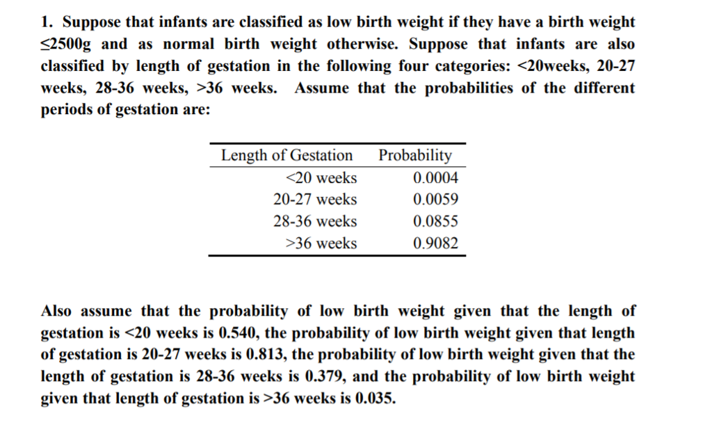 Solved 1. Suppose that infants are classified as low birth