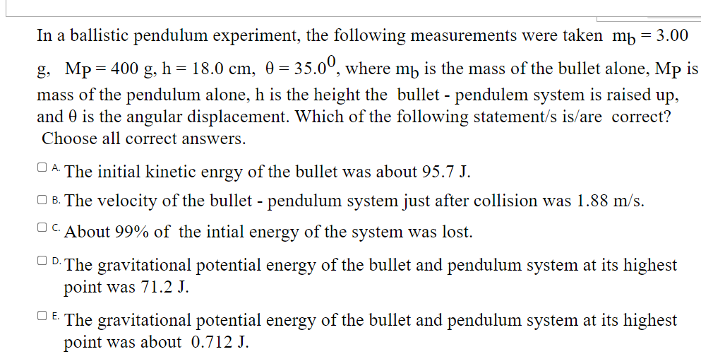 Solved In a ballistic pendulum experiment, the following | Chegg.com