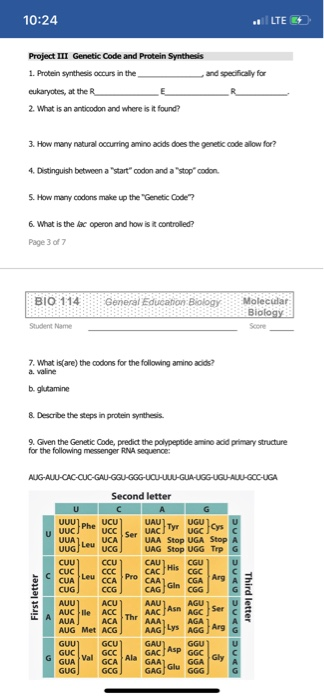 Solved 10:24 Project III Genetic Code and Protein Synthesis | Chegg.com