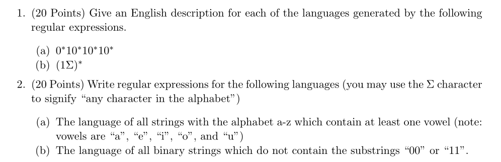 Solved 1. (20 Points) Give An English Description For Each | Chegg.com