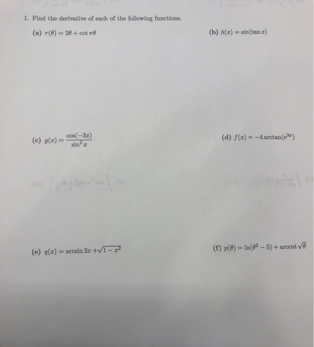 Solved 1. Find the derivative of each of the following | Chegg.com