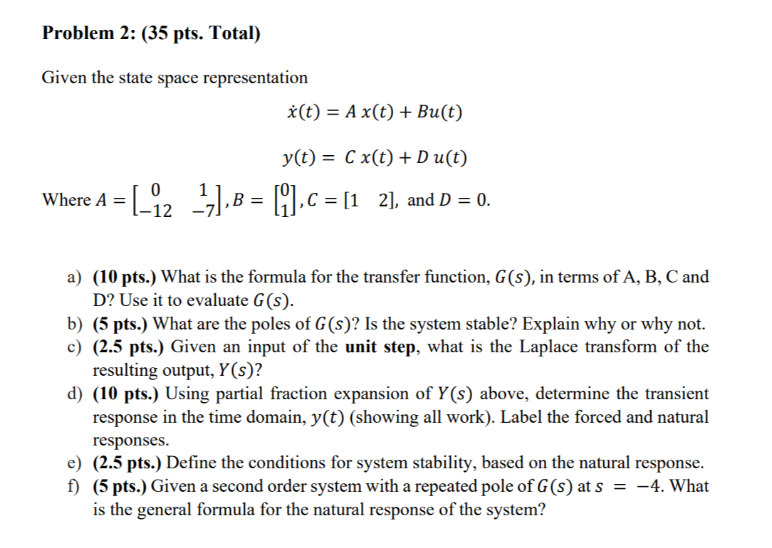 Solved Problem 2: (35 pts. Total) Given the state space | Chegg.com