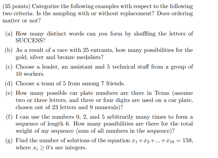 (35 points) Categorize the following examples with