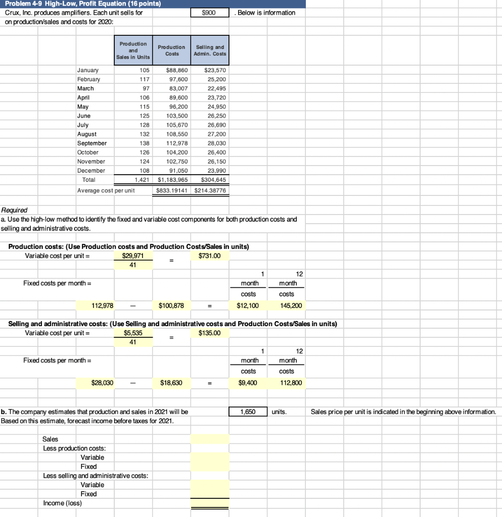 Solved Problem 4-9 High-Low, Profit Equation (16 points) | Chegg.com