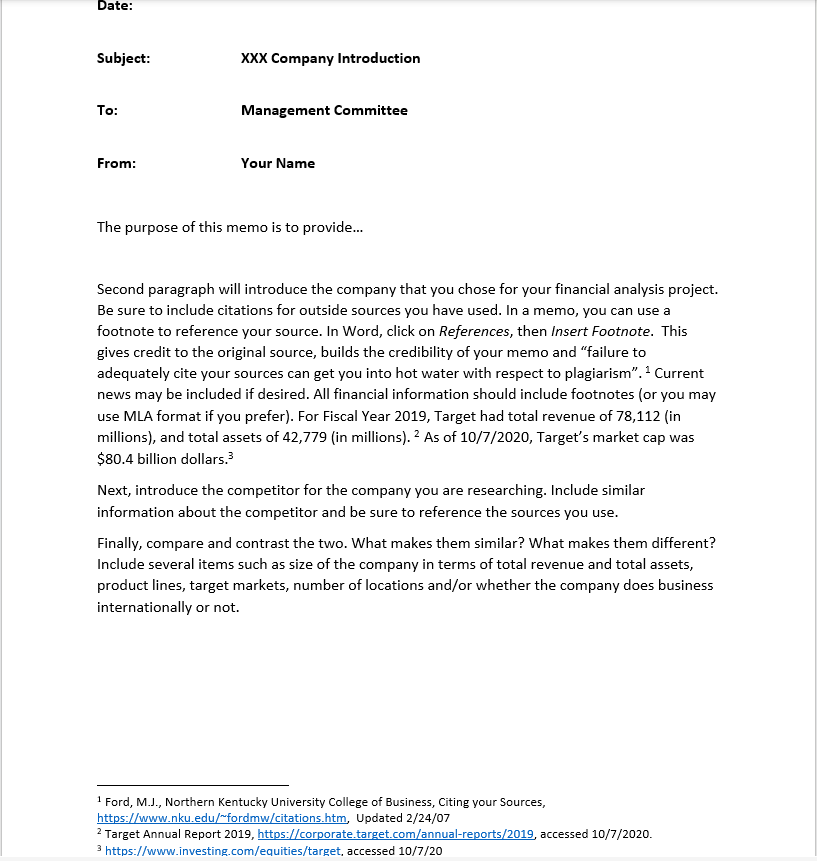 Write a memo to introduce the company you have chosen