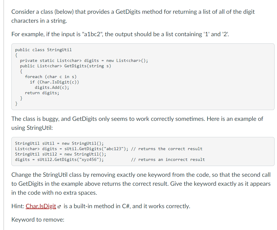 Consider a class (below) that provides a GetDigits | Chegg.com
