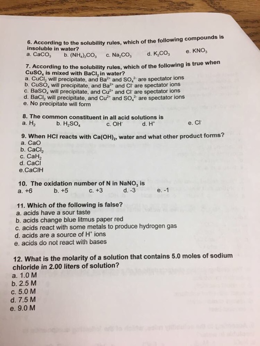 Solved 6. Accordi ng to the solubility rules, which of the | Chegg.com