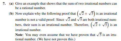 the sum of two irrational numbers is rational example