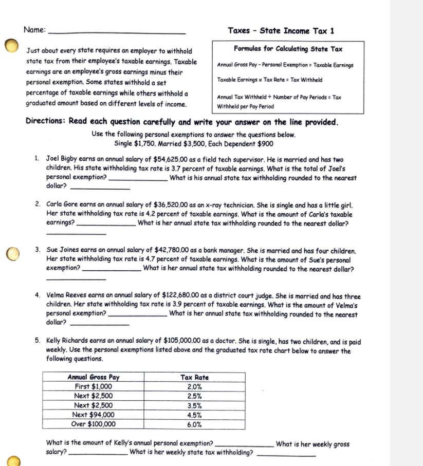 Solved Name: Taxes - State Income Tax 1 Just about every | Chegg.com