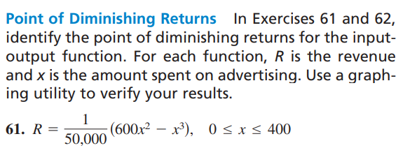 Solved Point of Diminishing Returns In Exercises 61 and 62, | Chegg.com