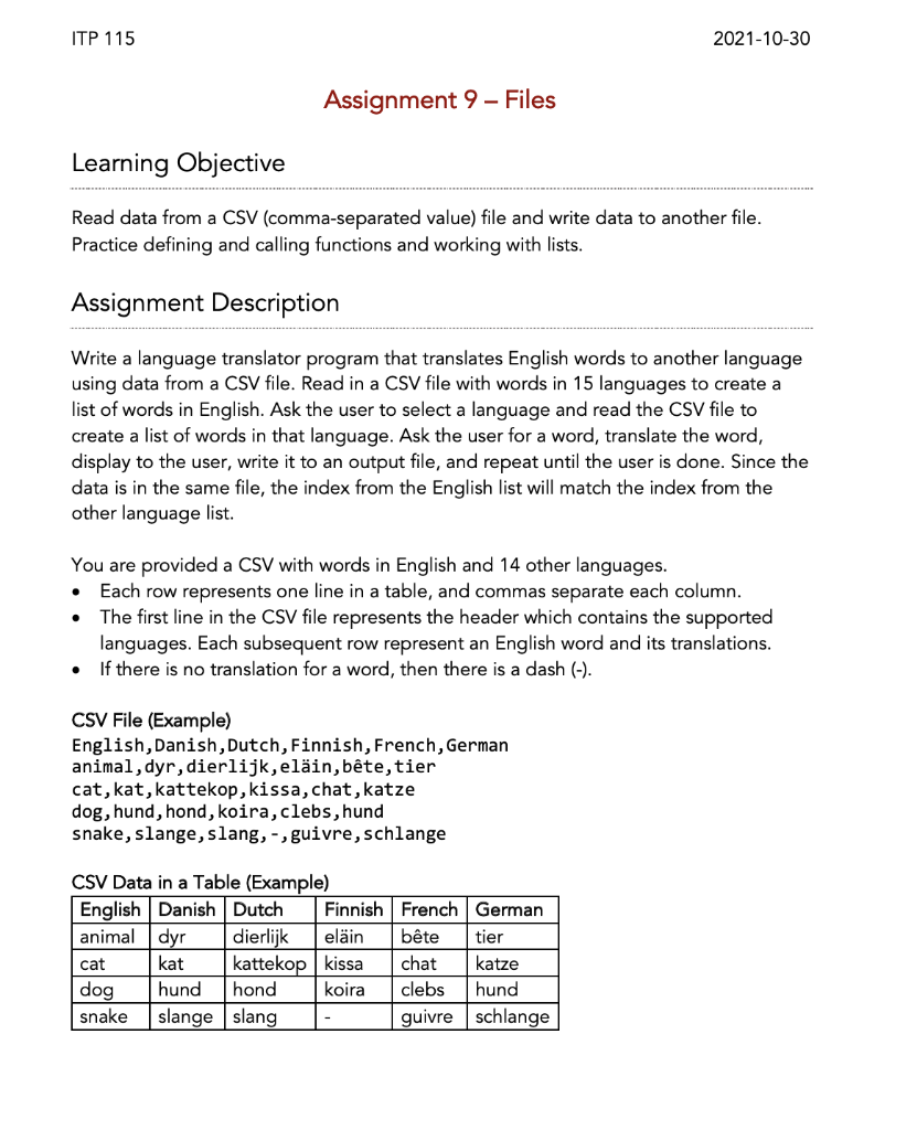 Solved ITP 115 2021-10-30 Assignment 9 - Files Learning | Chegg.com