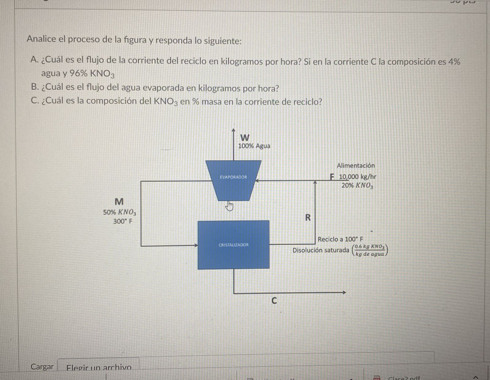 Analice el proceso de la figura y responda lo siguiente: A. ¿Cuál es el flujo de la corriente del reciclo en kilogramos por h