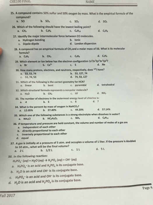 Solved CHE100 FINAL NAME 25. A compound contains 50% sulfur | Chegg.com