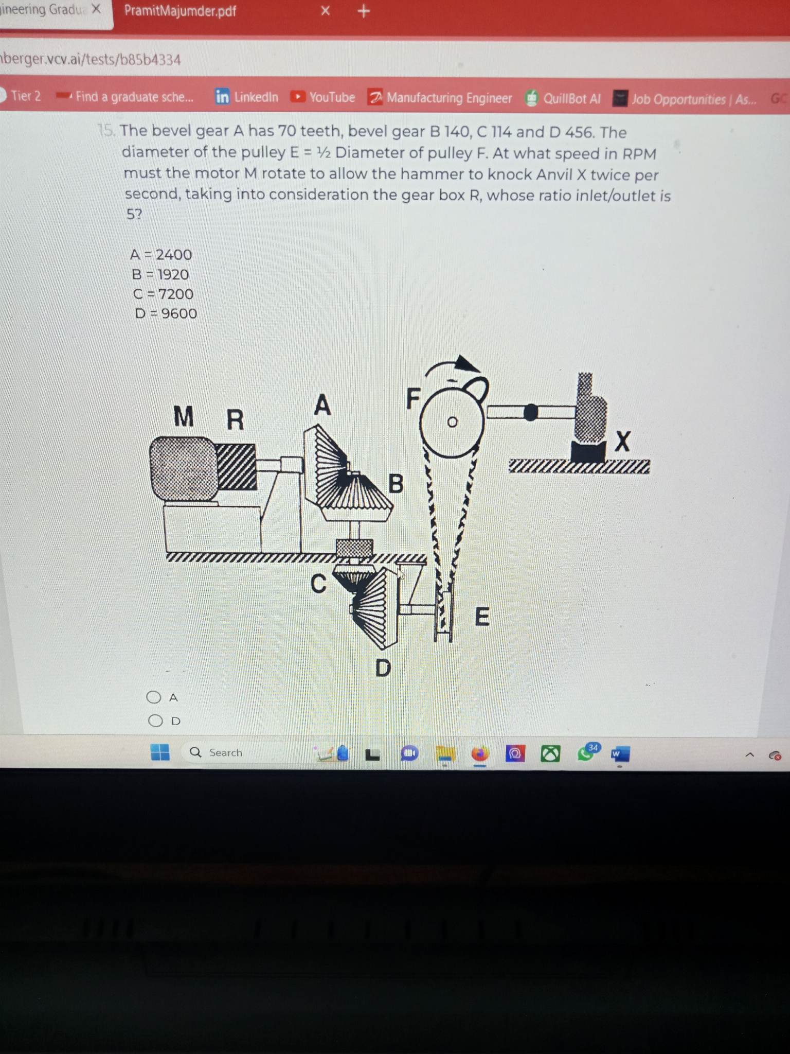 Solved 15. The Bevel Gear A Has 70 Teeth, Bevel Gear B 140, | Chegg.com