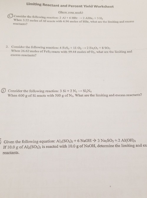 Solved Limiting Reactant and Percent Yield Worksheet (Show Chegg com
