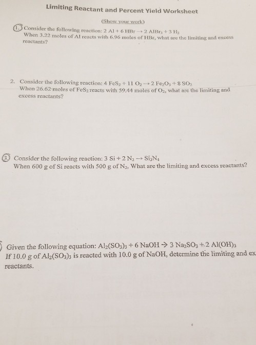 Solved Limiting Reactant And Percent Yield Worksheet Show Chegg