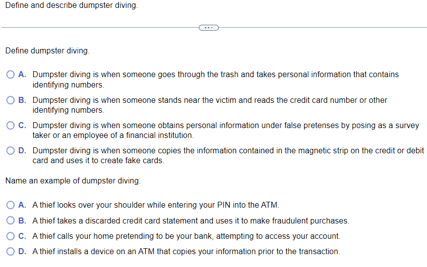 Solved Define and describe dumpster diving. Define dumpster