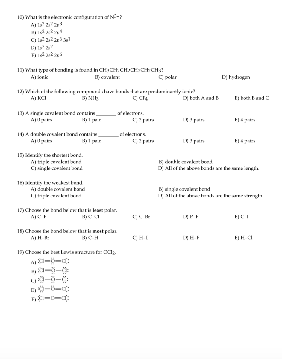 Solved 10 What Is The Electronic Configuration Of N3 A Chegg Com