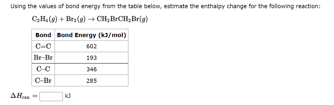 Solved Using the values of bond energy from the table below