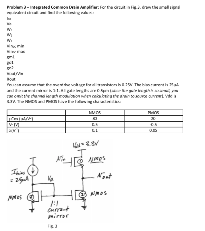 Solved Problem 3- Integrated Common Drain Amplifier: For the | Chegg.com
