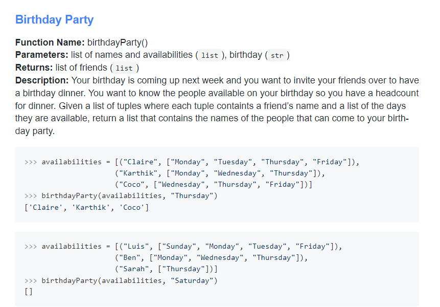 Solved Birthday Party Function Name: birthday Party() | Chegg.com