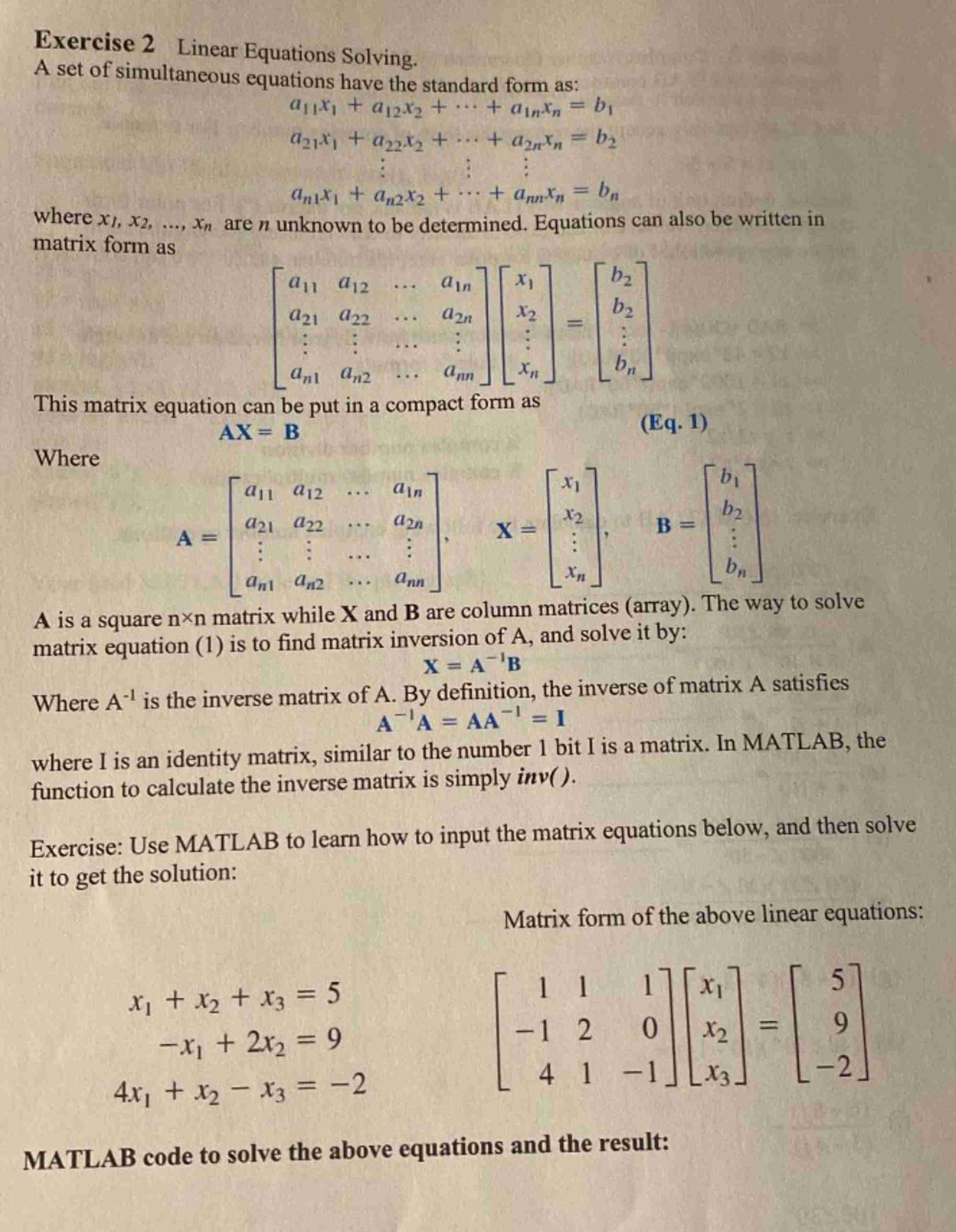 Solved Exercise 2 ﻿Linear Equations Solving.A set of | Chegg.com