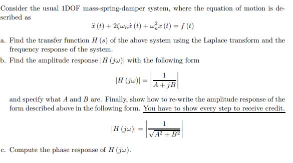 Solved Consider The Usual Idof Mass Spring Damper System Chegg Com