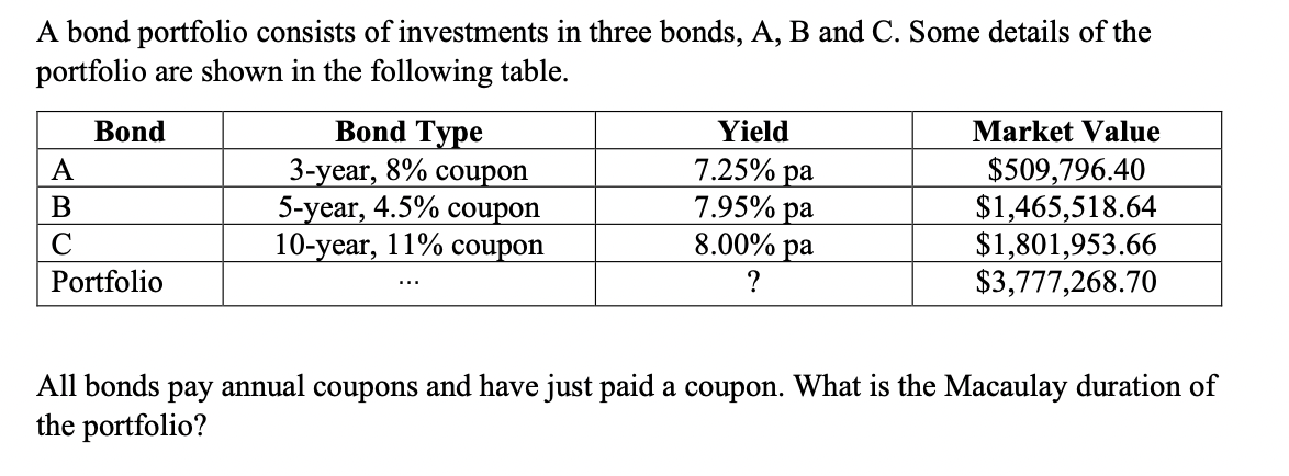 Solved A bond portfolio consists of investments in three | Chegg.com