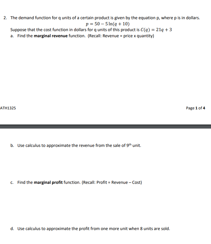Solved 2. The demand function for q units of a certain | Chegg.com