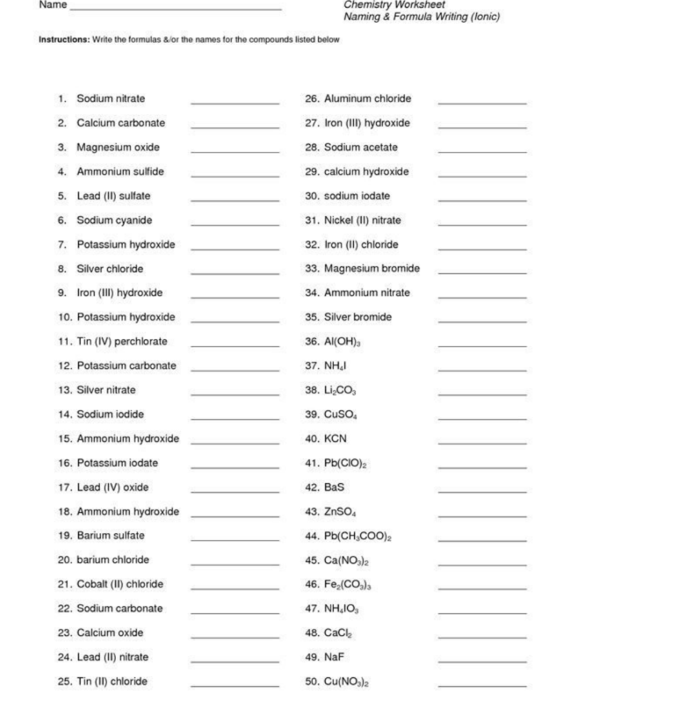 Solved Name Instructions: Write the formulas &/or the names | Chegg.com