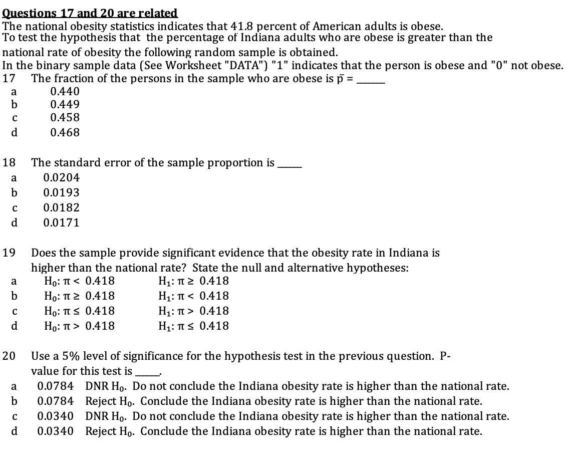 Questions 17 And 20 Are Related The National Obesity Chegg