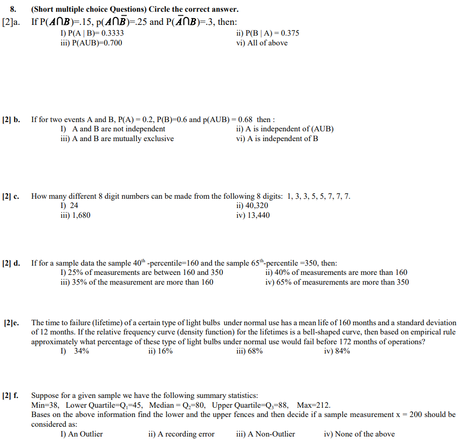 Solved 8. (Short multiple choice Questions) Circle the | Chegg.com