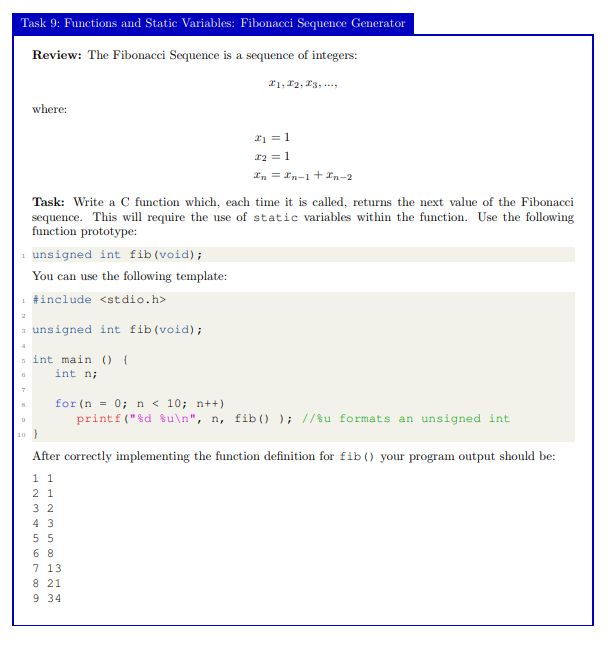 (Solved) : Task 9 Functions Static Variables Fibonacci Sequence ...