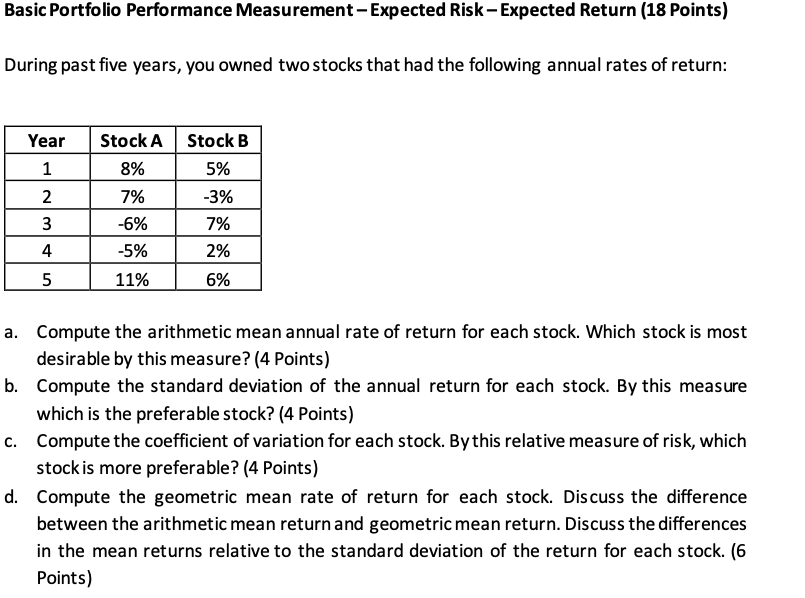 Solved Basic Portfolio Performance Measurement-Expected | Chegg.com