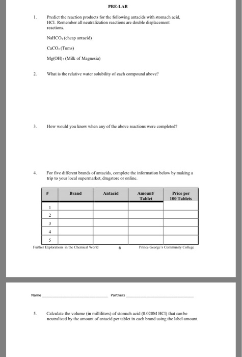 Solved PRE-LAB 1. Predict the reaction products for the | Chegg.com