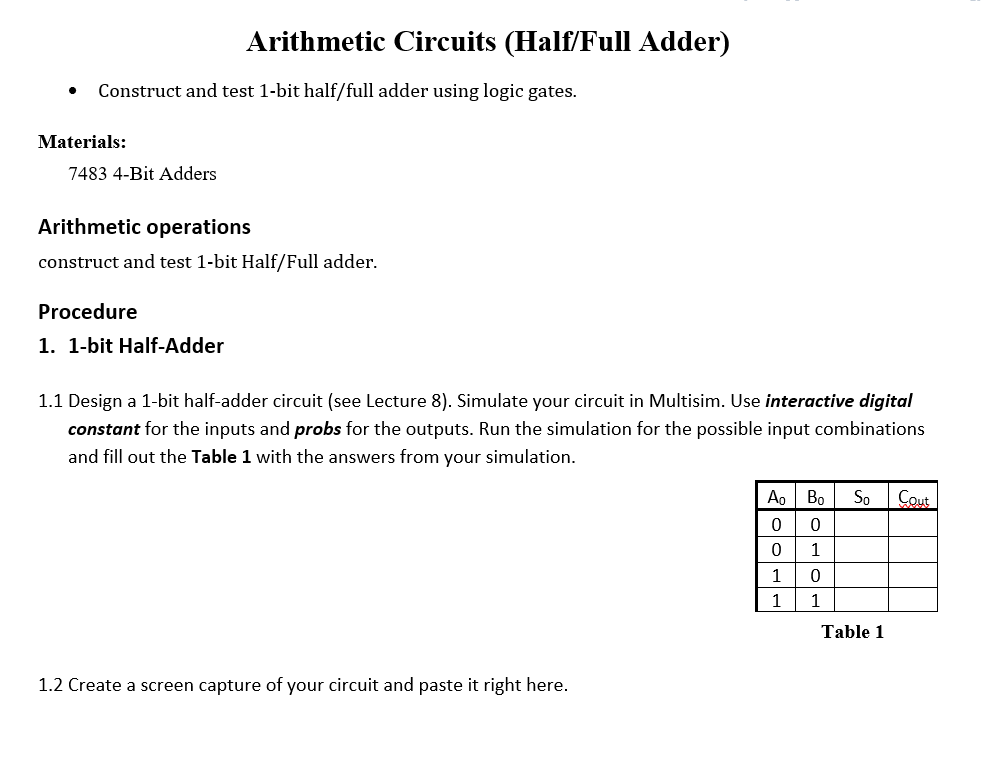 Solved Arithmetic Circuits (Half/Full Adder) Construct and | Chegg.com