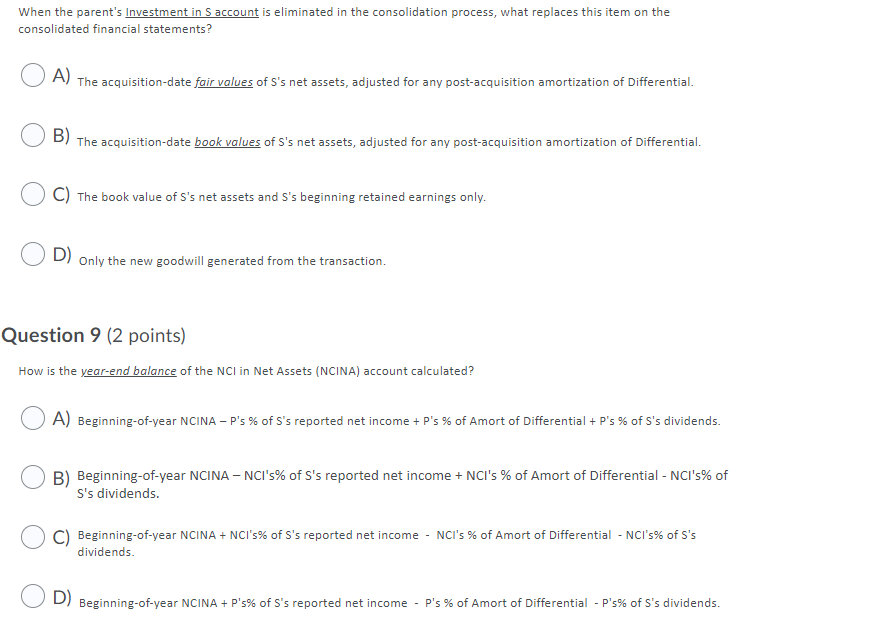Solved When The Parent's Investment In S Account Is | Chegg.com