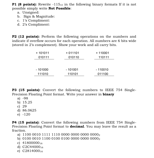 Solved P1 (8 points): Rewrite −11510 in the following binary | Chegg.com