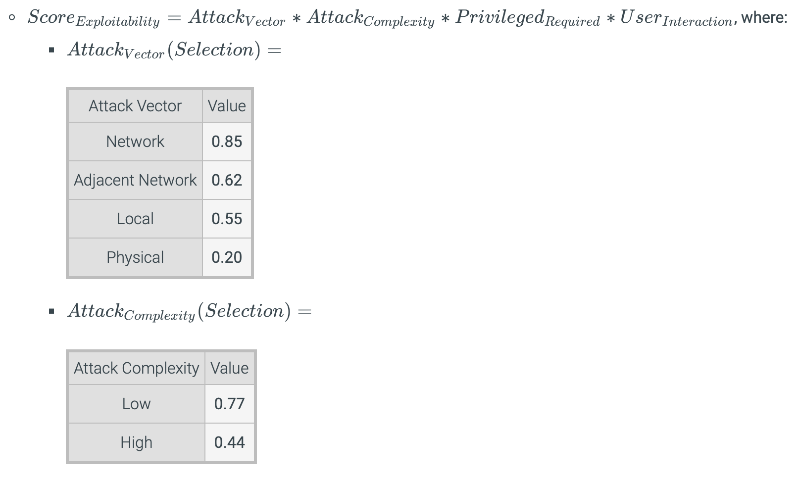 o Score Exploitability = AttackVector * AttackComplexity * Privileged Required * User Interaction, where: • Attackvector (Sel