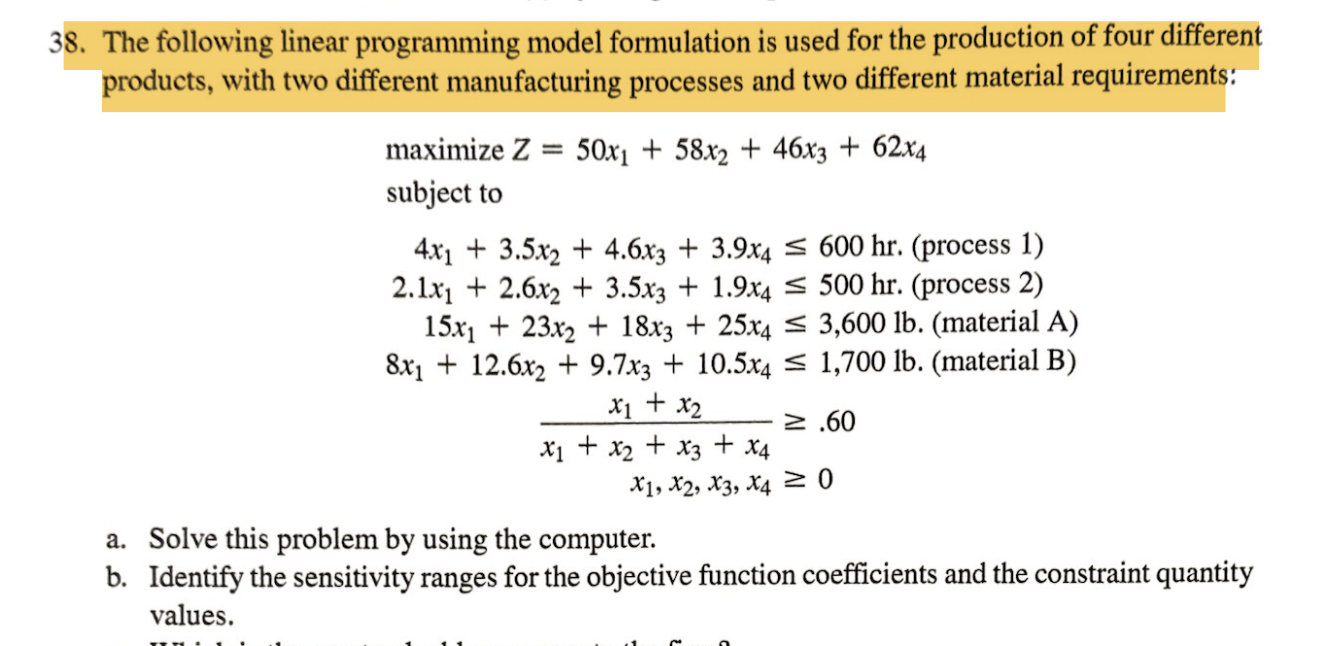Solved The following linear programming model formulation is | Chegg.com