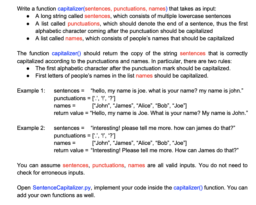 Solved Write A Function Capitalizer Sentences Chegg Com